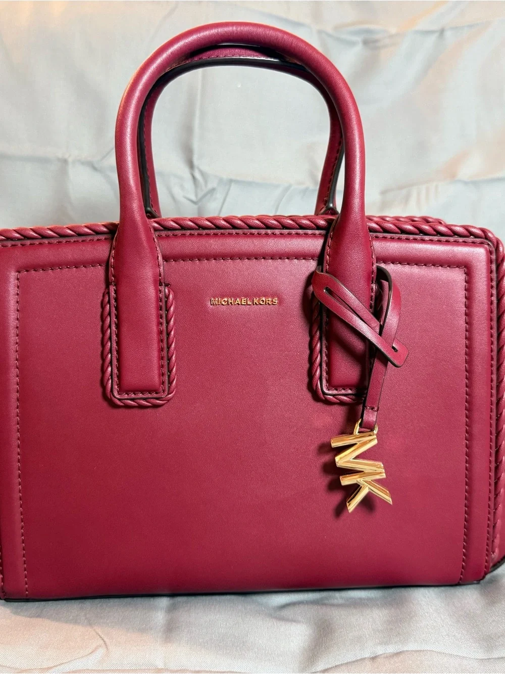 Michael Kors Berry Red Braided-Trim Satchel with Gold MK Charm